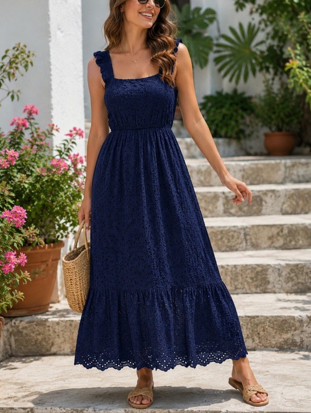 Le Ragazze Eyelet Maxi Dress Ruffle Straps Lined Cotton Italy Size M